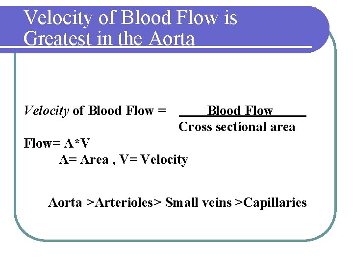 Velocity of Blood Flow is Greatest in the Aorta Velocity of Blood Flow =