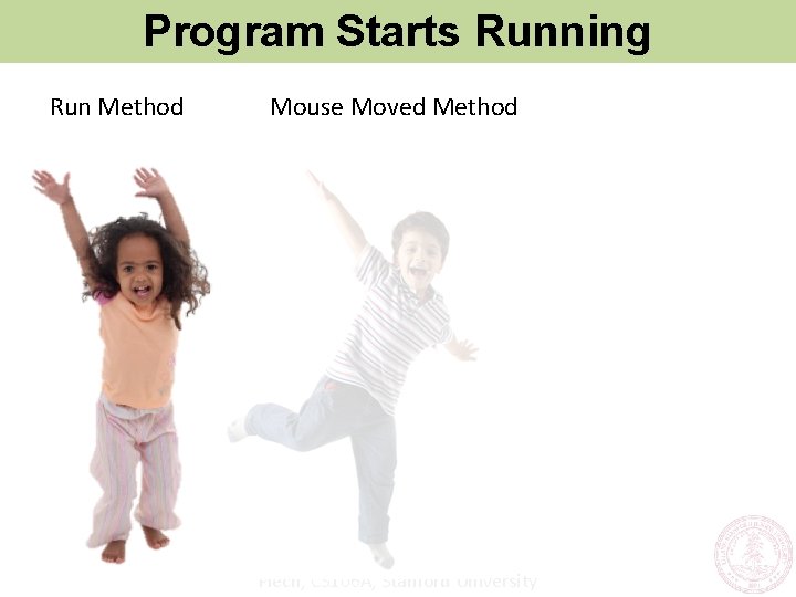 Program Starts Running Run Method Mouse Moved Method Piech, CS 106 A, Stanford University