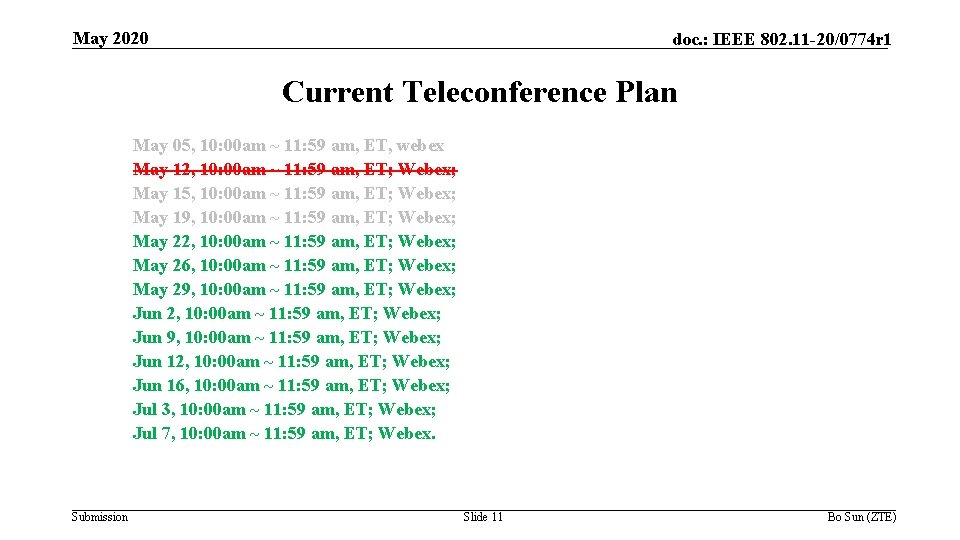 May 2020 doc. : IEEE 802. 11 -20/0774 r 1 Current Teleconference Plan May