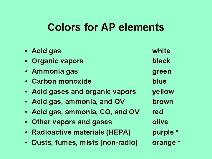 Colors for AP elements • • • Acid gas Organic vapors Ammonia gas Carbon