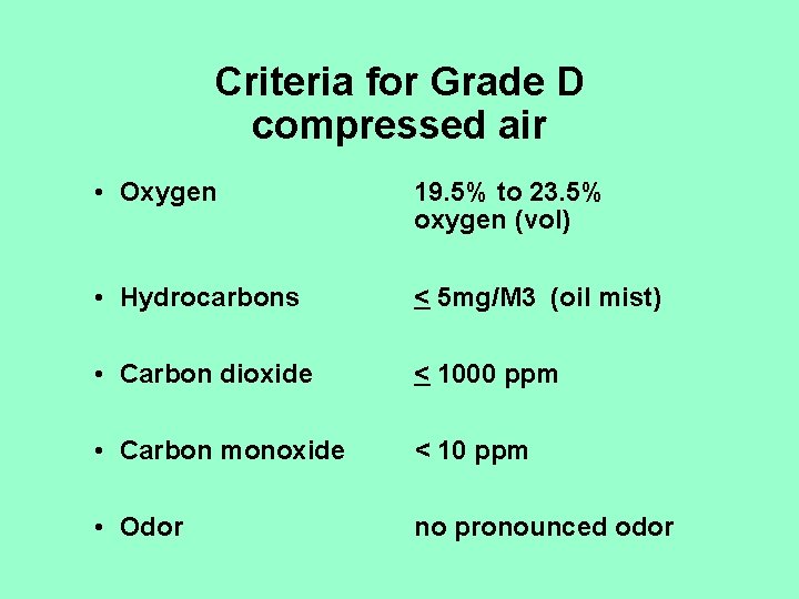 Criteria for Grade D compressed air • Oxygen 19. 5% to 23. 5% oxygen