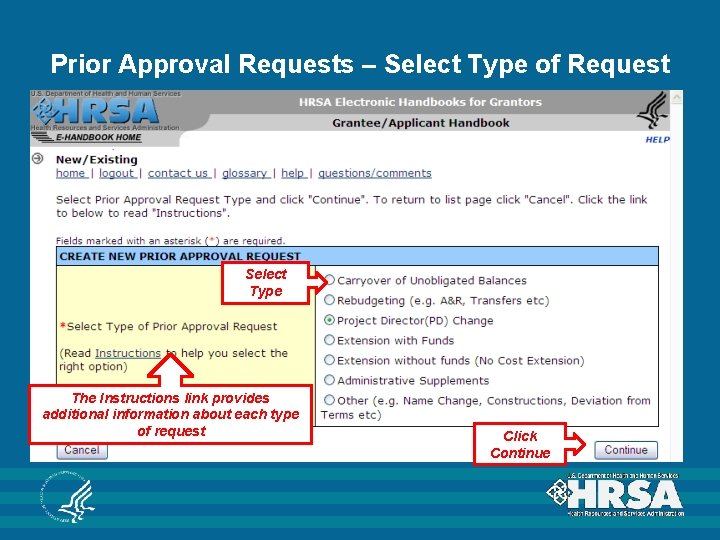 Prior Approval Requests – Select Type of Request Select Type The Instructions link provides