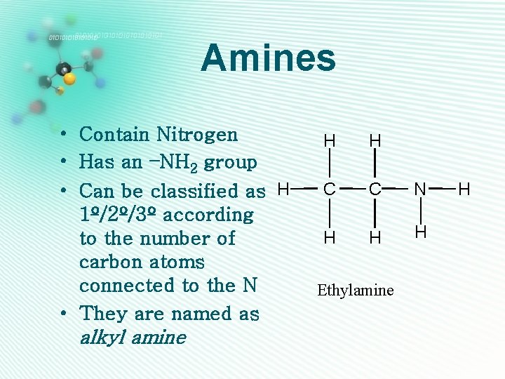 Amines • Contain Nitrogen • Has an –NH 2 group • Can be classified