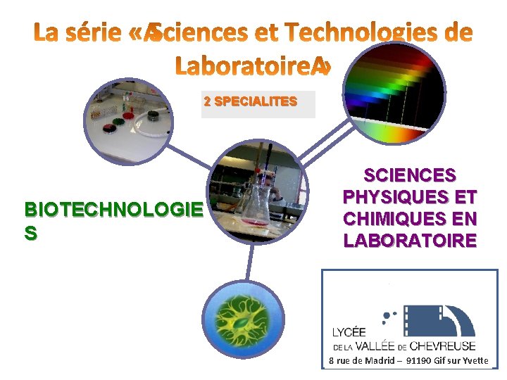 2 SPECIALITES BIOTECHNOLOGIE S SCIENCES PHYSIQUES ET CHIMIQUES EN LABORATOIRE 8 rue de Madrid