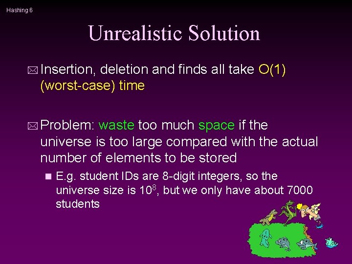 Hashing 6 Unrealistic Solution * Insertion, deletion and finds all take O(1) (worst-case) time
