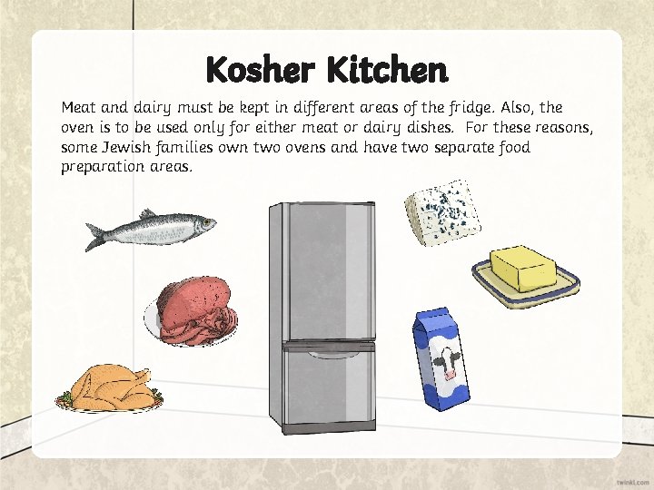 Kosher Kitchen Meat and dairy must be kept in different areas of the fridge.