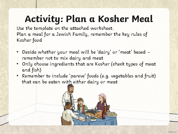 Activity: Plan a Kosher Meal Use the template on the attached worksheet. Plan a