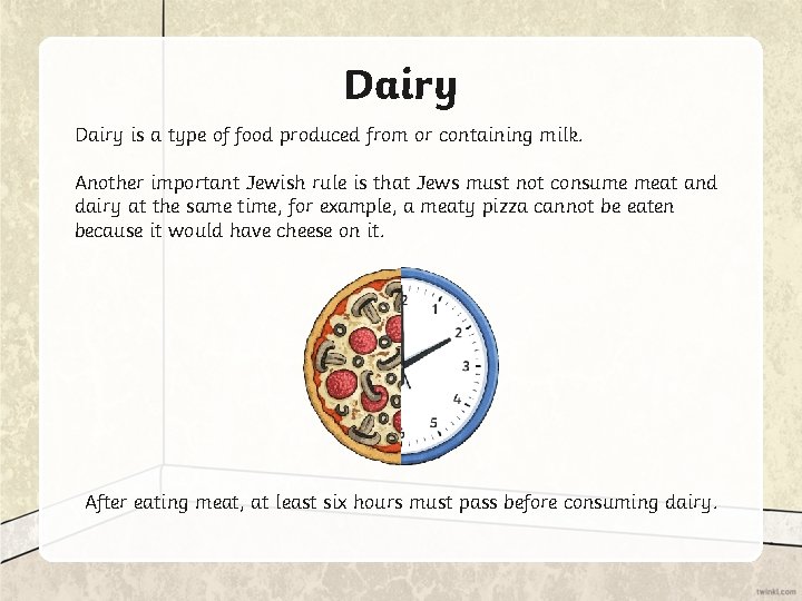 Dairy is a type of food produced from or containing milk. Another important Jewish