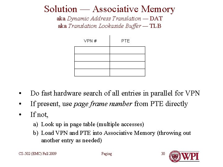 Solution — Associative Memory aka Dynamic Address Translation — DAT aka Translation Lookaside Buffer