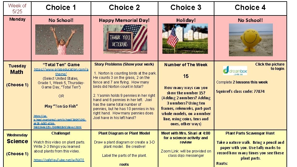 Week of 5/25 Choice 1 Choice 2 Choice 3 Choice 4 Monday No School!