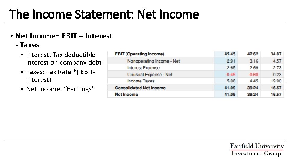The Income Statement: Net Income • Net Income= EBIT – Interest - Taxes •