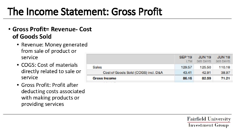 The Income Statement: Gross Profit • Gross Profit= Revenue- Cost of Goods Sold •