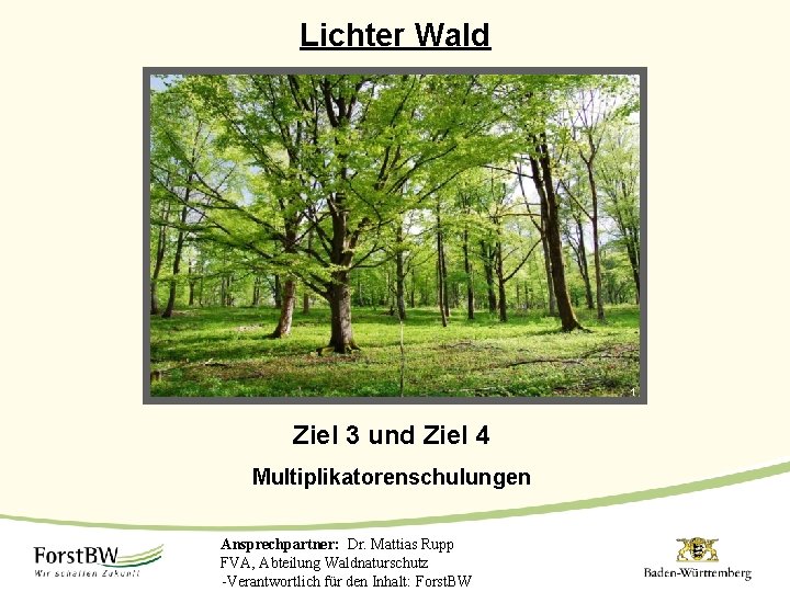 Lichter Wald 1 Ziel 3 und Ziel 4 Multiplikatorenschulungen Ansprechpartner: Dr. Mattias Rupp FVA,