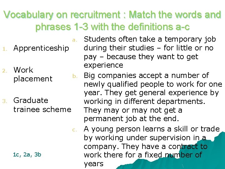 Vocabulary on recruitment : Match the words and phrases 1 -3 with the definitions