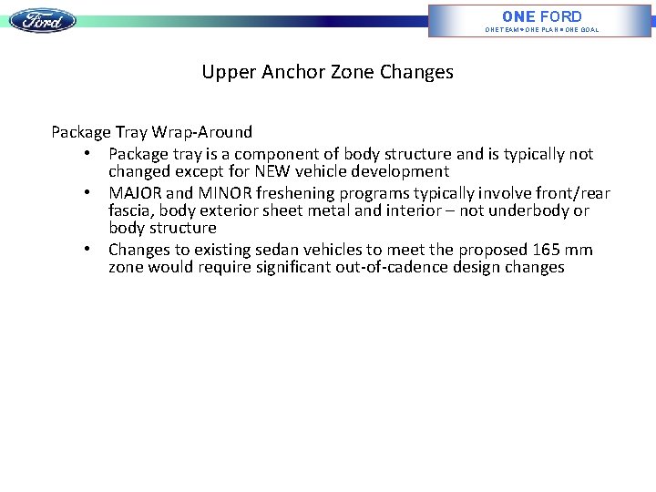 ONE FORD ONE TEAM ONE PLAN ONE GOAL Upper Anchor Zone Changes Package Tray