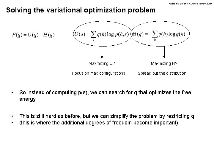 Genome Evolution. Amos Tanay 2009 Solving the variational optimization problem Maxmizing U? Focus on