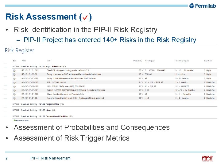 Risk Assessment ( ) • Risk Identification in the PIP-II Risk Registry – PIP-II