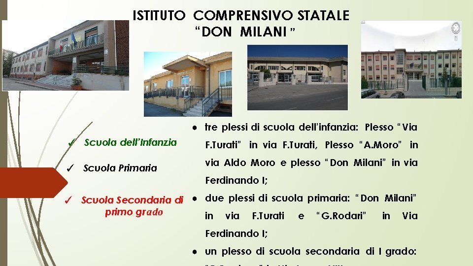 ISTITUTO COMPRENSIVO STATALE “DON MILANI ” ● tre plessi di scuola dell’infanzia: Plesso “Via