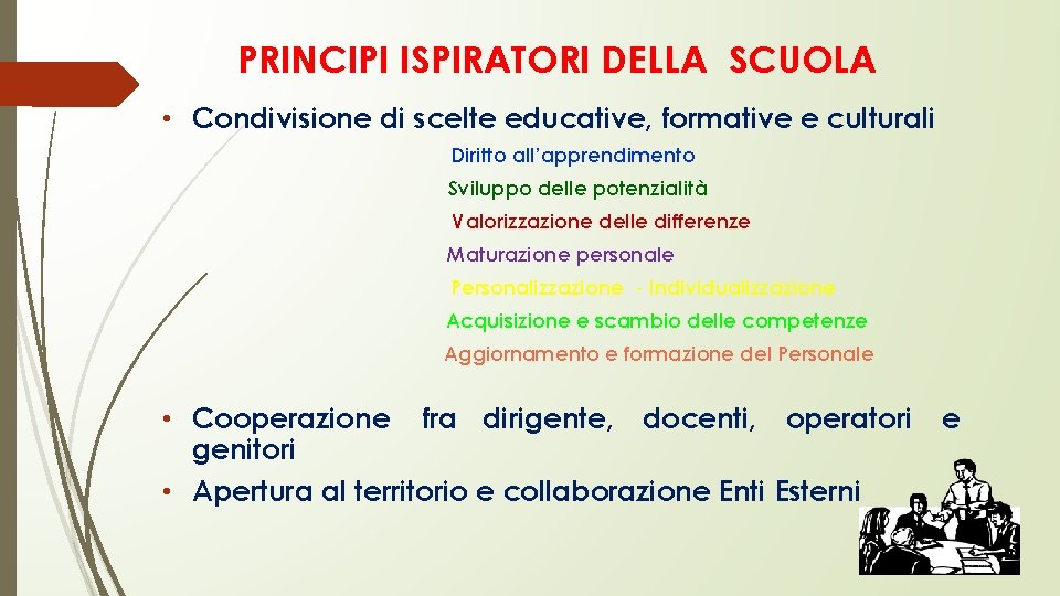 PRINCIPI ISPIRATORI DELLA SCUOLA • Condivisione di scelte educative, formative e culturali Diritto all’apprendimento