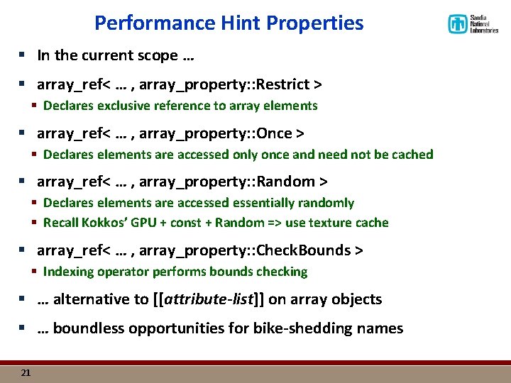 Performance Hint Properties § In the current scope … § array_ref< … , array_property: