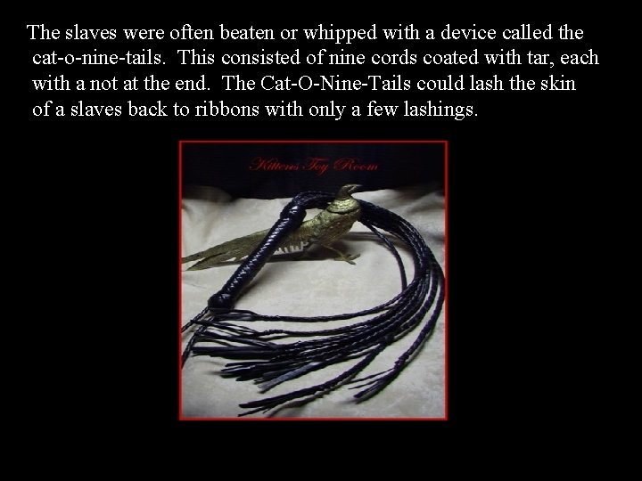 The slaves were often beaten or whipped with a device called the cat-o-nine-tails. This