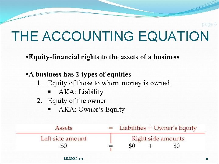 page 8 THE ACCOUNTING EQUATION • Equity-financial rights to the assets of a business