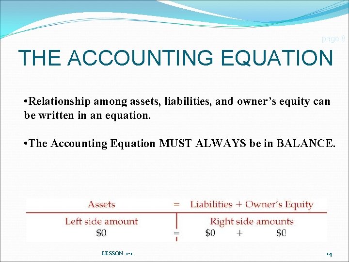 page 8 THE ACCOUNTING EQUATION • Relationship among assets, liabilities, and owner’s equity can