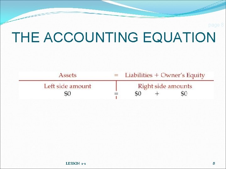 page 8 THE ACCOUNTING EQUATION LESSON 1 -1 8 