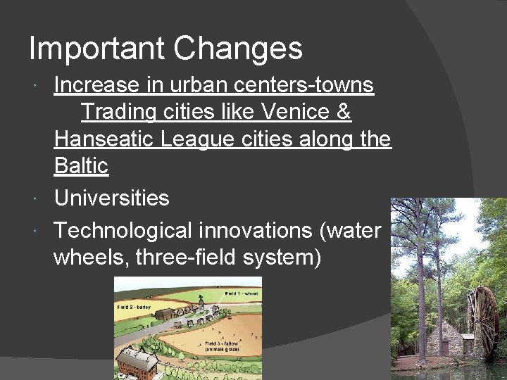 Important Changes Increase in urban centers-towns Trading cities like Venice & Hanseatic League cities