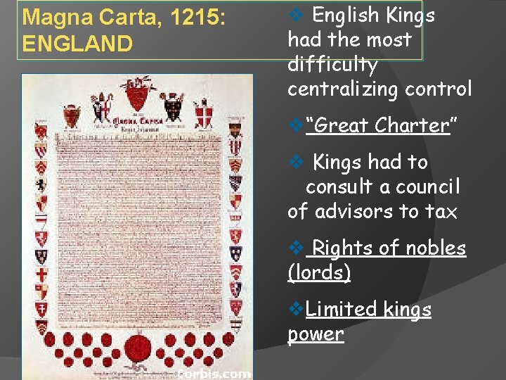 Magna Carta, 1215: ENGLAND v English Kings had the most difficulty centralizing control v“Great
