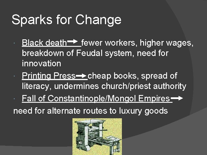 Sparks for Change Black death fewer workers, higher wages, breakdown of Feudal system, need