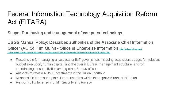 Federal Information Technology Acquisition Reform Act (FITARA) Scope: Purchasing and management of computer technology.