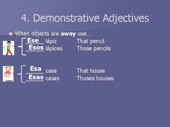 4. Demonstrative Adjectives n When objects are away use… Ese lápiz _____ That pencil