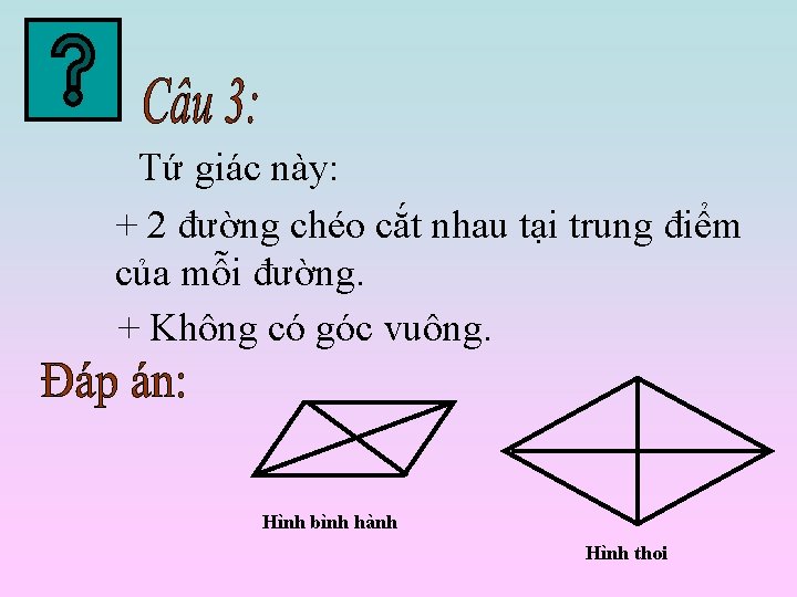 Tứ giác này: + 2 đường chéo cắt nhau tại trung điểm của mỗi