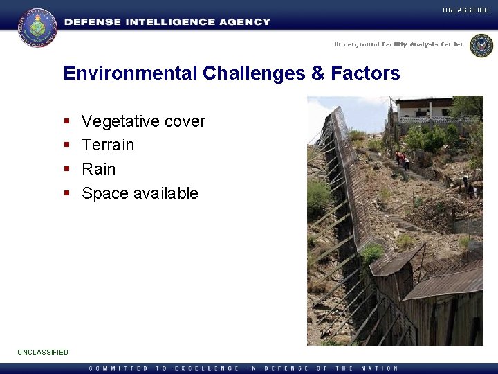 UNLASSIFIED Underground Facility Analysis Center Environmental Challenges & Factors § § UNCLASSIFIED Vegetative cover