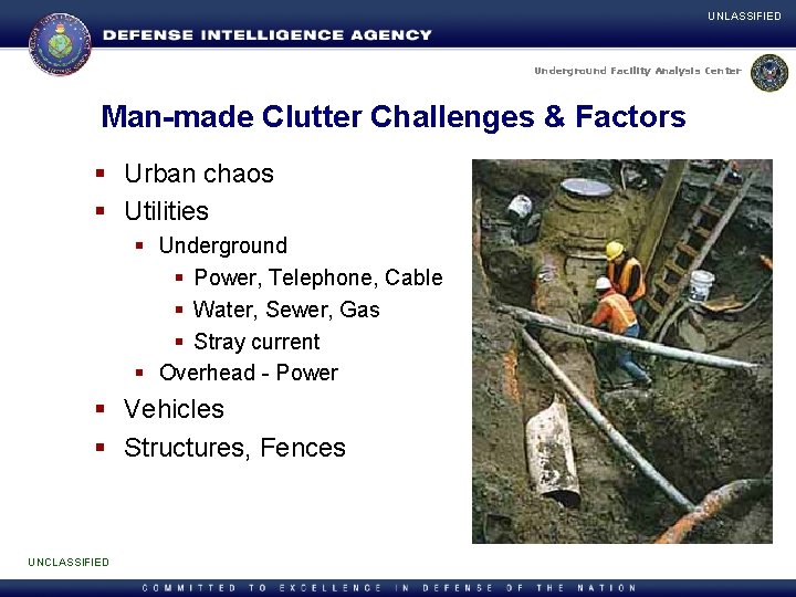 UNLASSIFIED Underground Facility Analysis Center Man-made Clutter Challenges & Factors § Urban chaos §