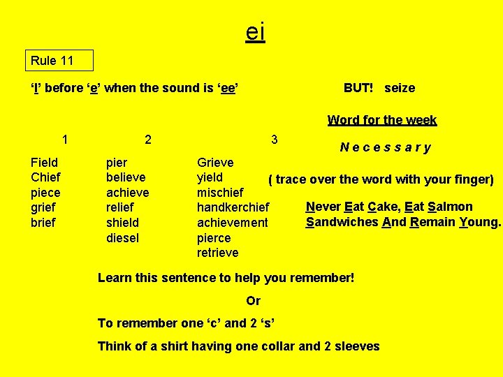 ei Rule 11 ‘I’ before ‘e’ when the sound is ‘ee’ BUT! seize Word