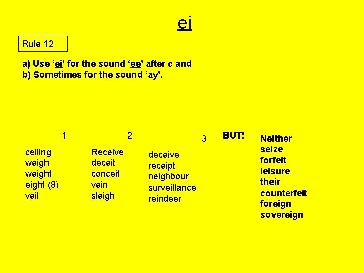 ei Rule 12 a) Use ‘ei’ for the sound ‘ee’ after c and b)