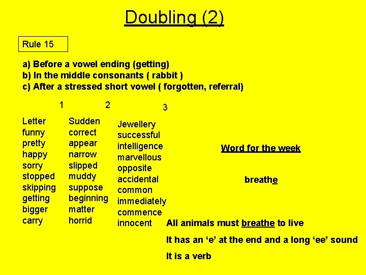 Doubling (2) Rule 15 a) Before a vowel ending (getting) b) In the middle