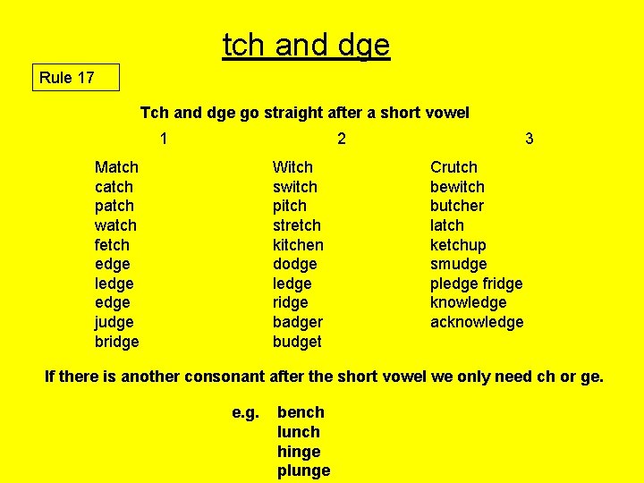 tch and dge Rule 17 Tch and dge go straight after a short vowel