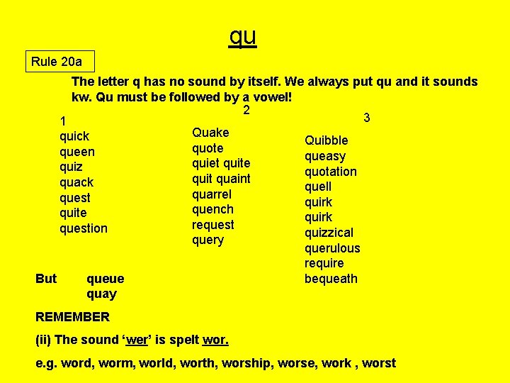 qu Rule 20 a The letter q has no sound by itself. We always