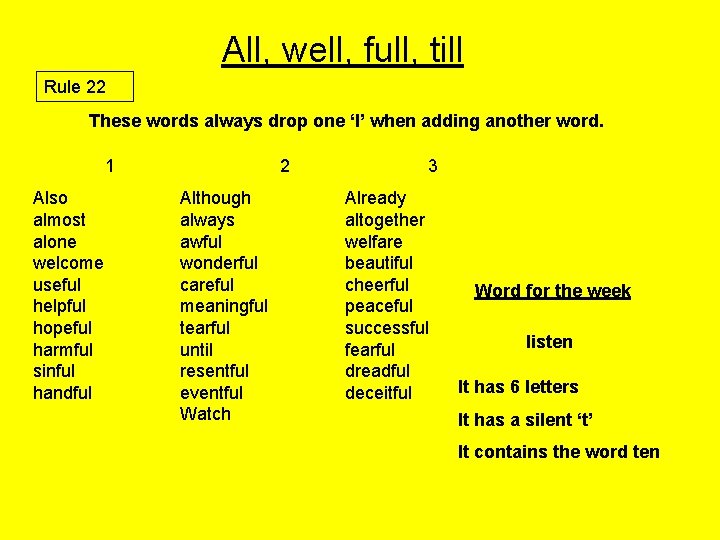All, well, full, till Rule 22 These words always drop one ‘l’ when adding
