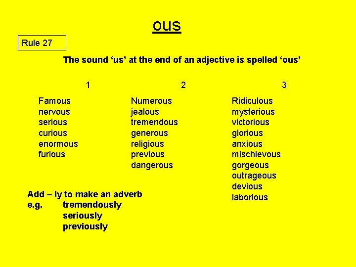 ous Rule 27 The sound ‘us’ at the end of an adjective is spelled
