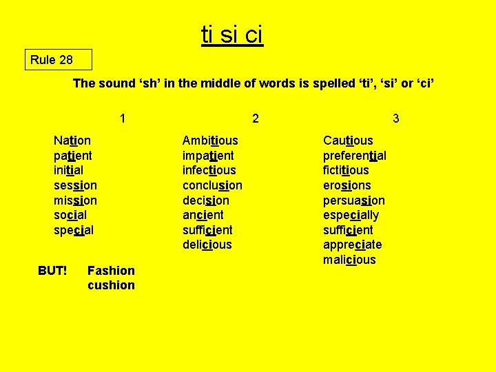 ti si ci Rule 28 The sound ‘sh’ in the middle of words is