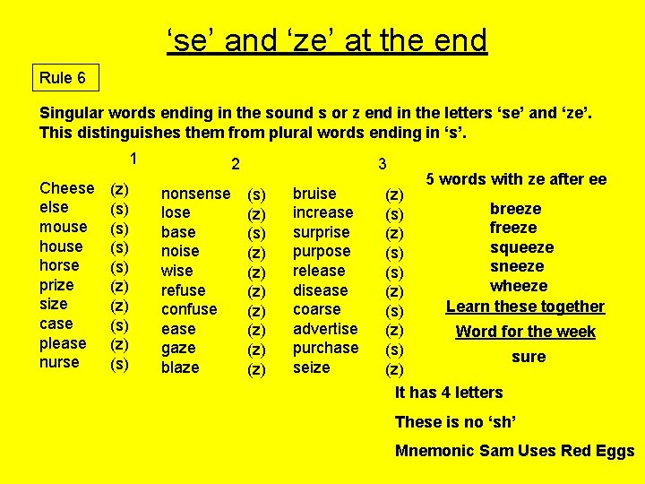 ‘se’ and ‘ze’ at the end Rule 6 Singular words ending in the sound