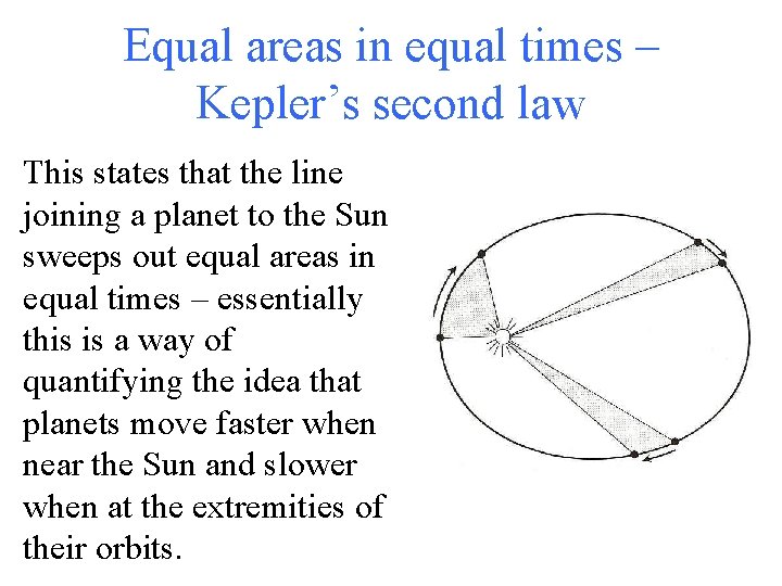 Equal areas in equal times – Kepler’s second law This states that the line Equal areas in equal times – Kepler’s second law This states that the line