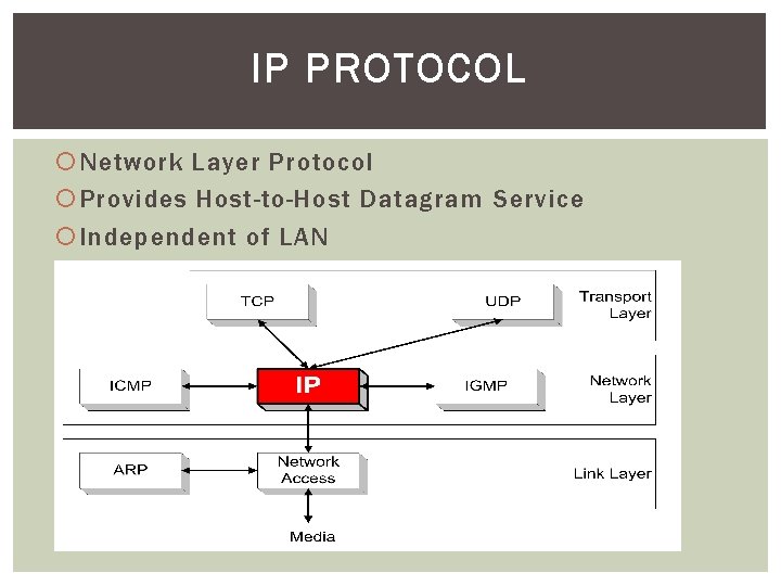 IP PROTOCOL Network Layer Protocol Provides Host-to-Host Datagram Service Independent of LAN 