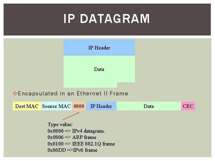 IP DATAGRAM IP Header Data v Encapsulated in an Ethernet II Frame Dest MAC