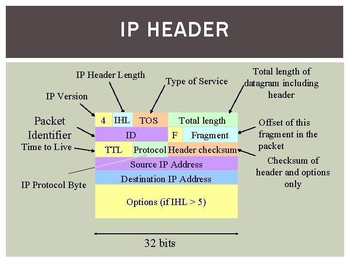 IP HEADER IP Header Length Type of Service IP Version Packet Identifier Time to