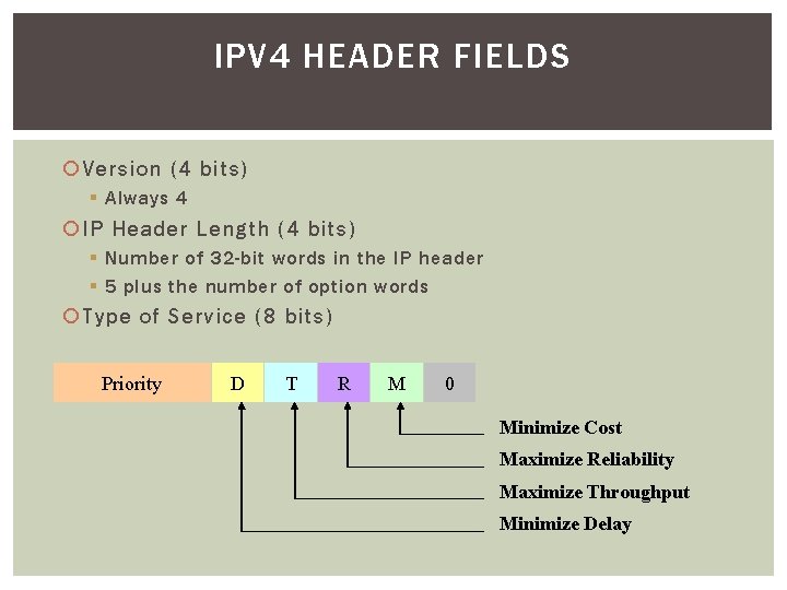 IPV 4 HEADER FIELDS Version (4 bits) § Always 4 IP Header Length (4